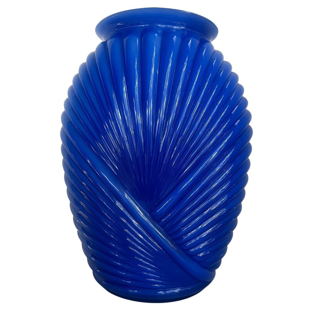 Vintage Glass Vase Blue Swirl Ribbed Decorative Art Deco Boho Contemporary 10"